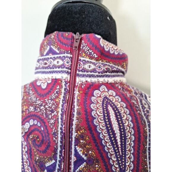 VIntage 60s 70s Mod Maroon Purple Floral Paisly Mock Neck Top Women Size S/M - Picture 8 of 9